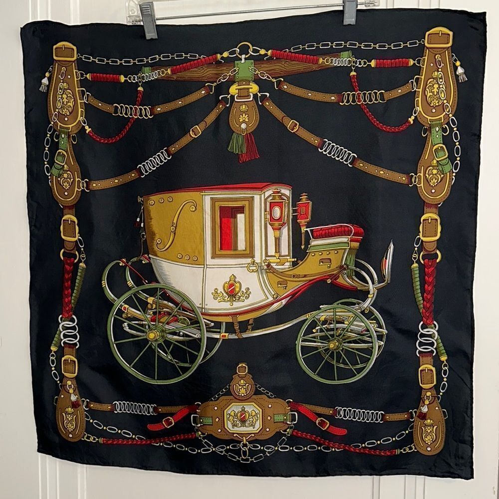 Vintage 80s or 90s black silk square scarf with a carriage‎ print